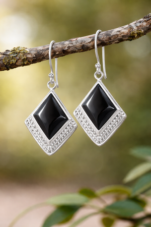 Black Onyx Textured Square Drop Earrings in 925 sterling silver – additional view
