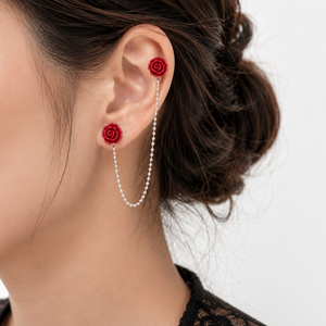 Crimson Rose Double Stud Chain Earrings in 925 sterling silver – angle view