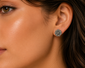 Celestial Mosaic Marcasite Flower Stud Earrings in 925 sterling silver – angle view