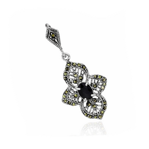 Marcasite Black Sapphire Flower Pendant in 925 sterling silver – main view
