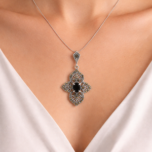Marcasite Black Sapphire Flower Pendant in 925 sterling silver – angle view