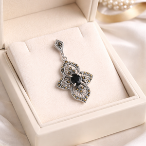Marcasite Black Sapphire Flower Pendant in 925 sterling silver – additional view
