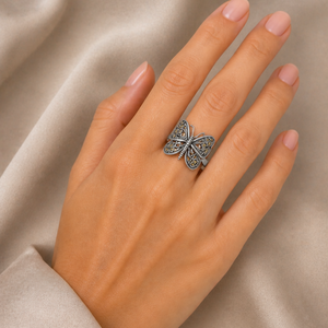 Marcasite Butterfly Filigree Ring in 925 sterling silver – angle view