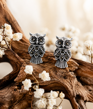 Royal Marcasite Owl Stud Earrings in 925 sterling silver – side view