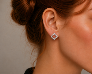 Radiant Diamond Frame Stud Earrings in 925 sterling silver – angle view