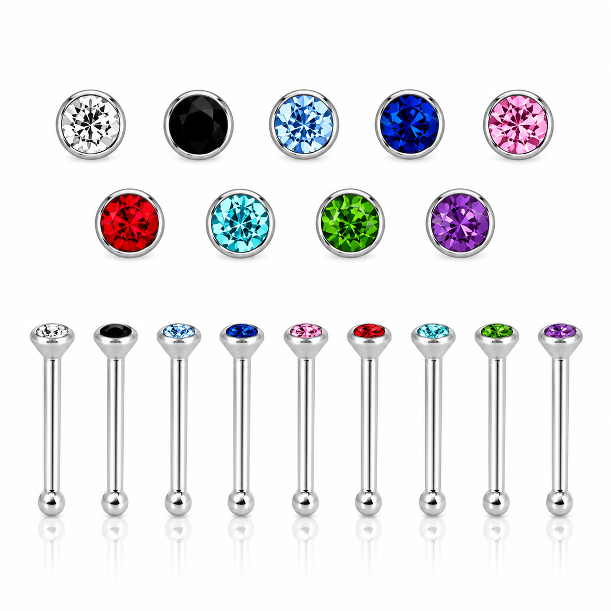 2mm Round Crystal Glue-Set Nose Stud in 925 sterling silver – main view