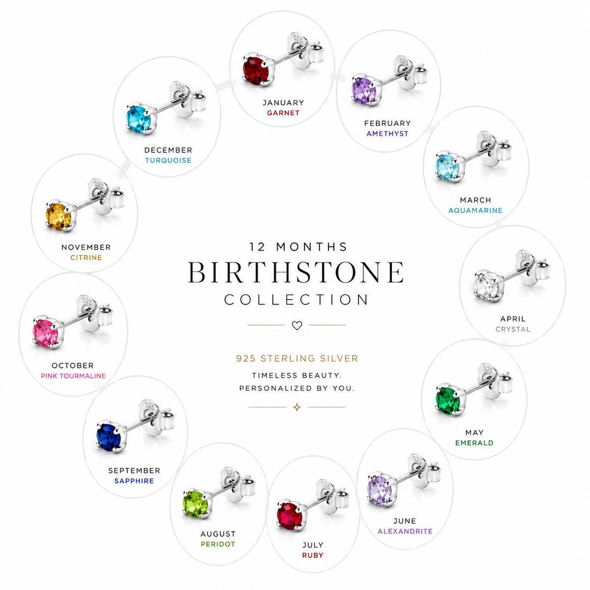 Luna Solitaire Birthstone Stud Earrings in 925 sterling silver – main view