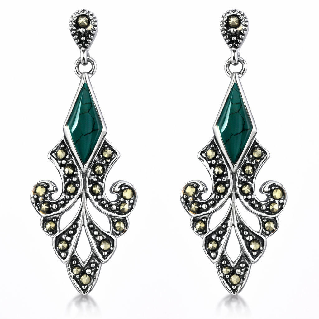 Imperial Scroll Marquise Marcasite Drop Earrings