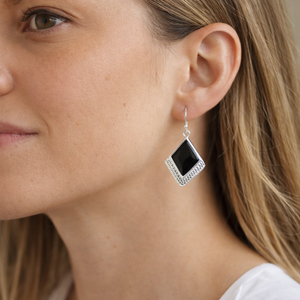Black Onyx Textured Square Drop Earrings in 925 sterling silver – angle view