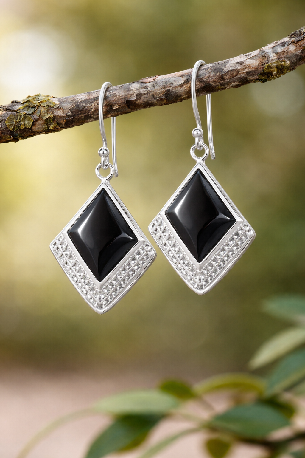 Black Onyx Textured Square Drop Earrings in 925 sterling silver – additional view