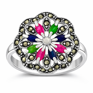 Celestia Floral Marcasite Ring in 925 sterling silver – back view