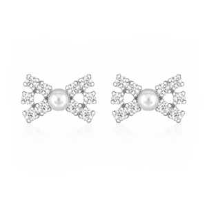 Celestial Pearl Bow Stud Earrings in 925 sterling silver – side view