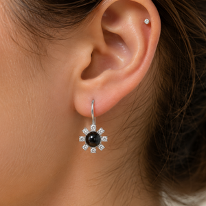 Celestial Pearl Starburst Drop Earrings in 925 sterling silver – angle view