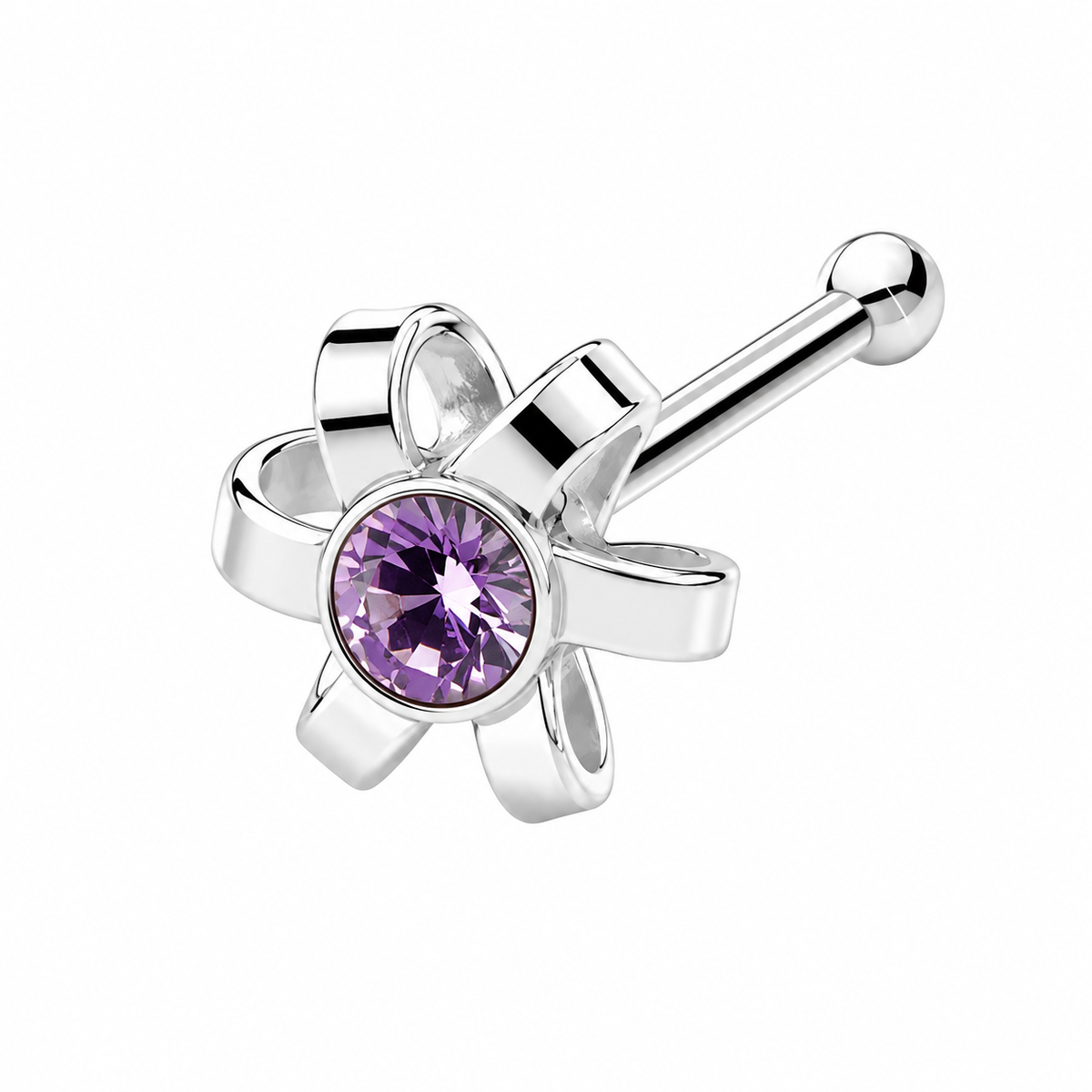 Ribbon Flower Crystal Nose Bone Stud in 925 sterling silver – side view