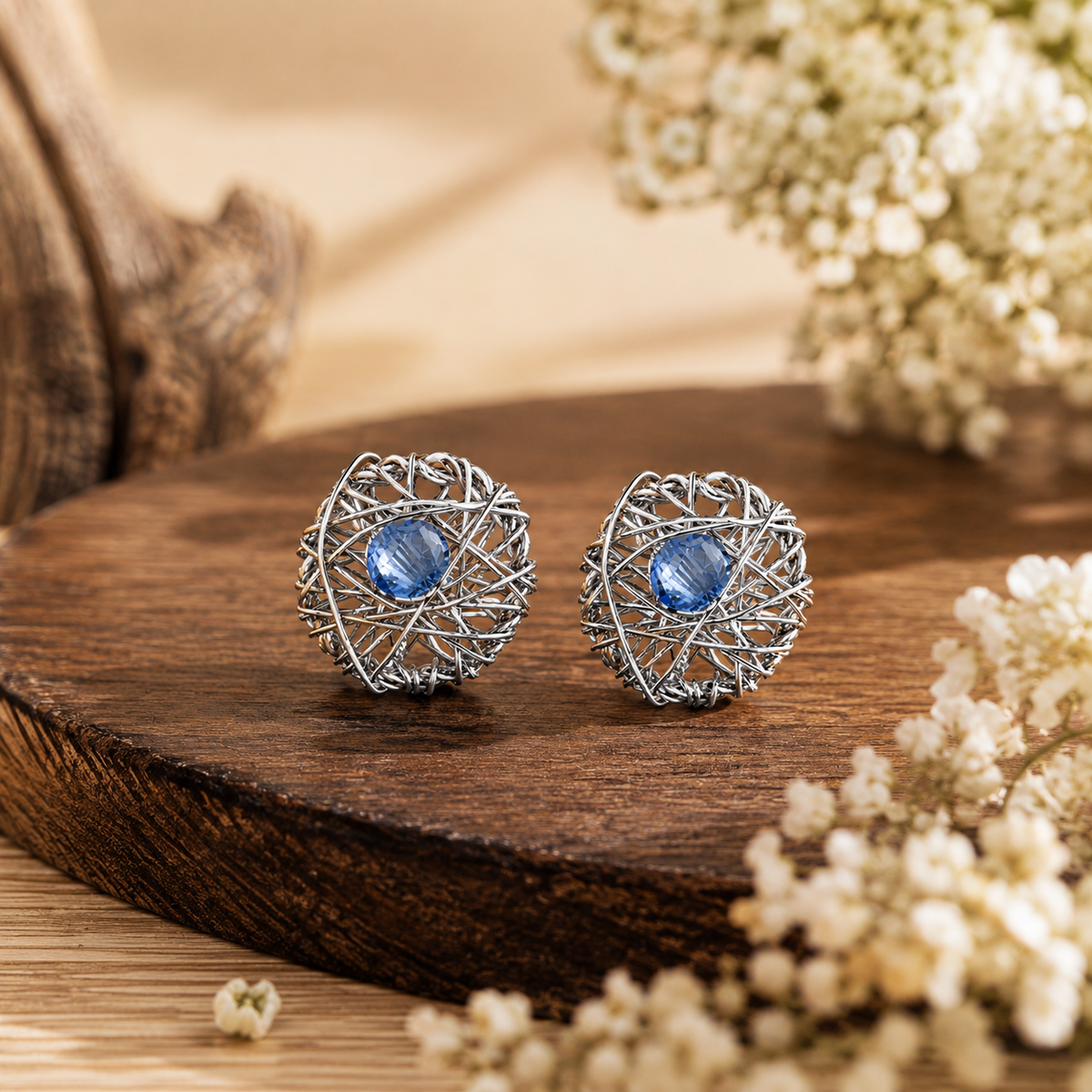 Celestial Weave Blue Crystal Nest Stud Earrings in 925 sterling silver – side view