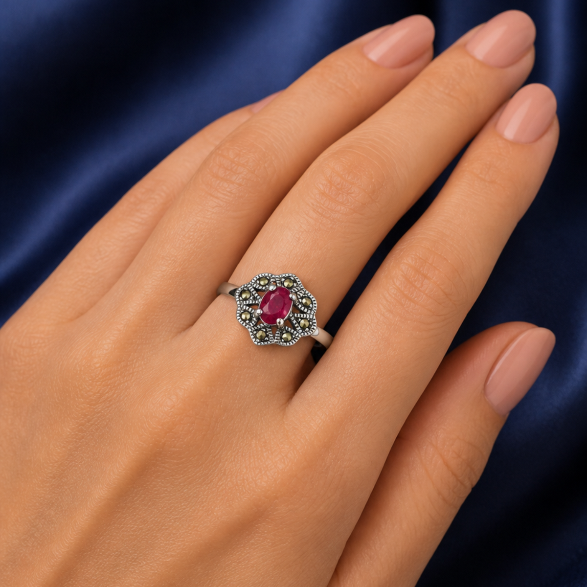 Roselle Vintage Marcasite Gemstone Ring in 925 sterling silver – angle view