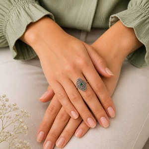 Floral Black & Green Onyx Marcasite Ring in 925 sterling silver – size guide