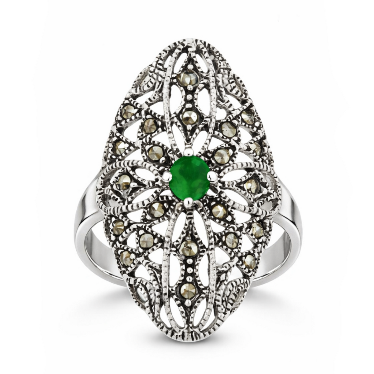 Floral Black & Green Onyx Marcasite Ring in 925 sterling silver – back view