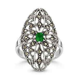 Floral Black & Green Onyx Marcasite Ring in 925 sterling silver – back view