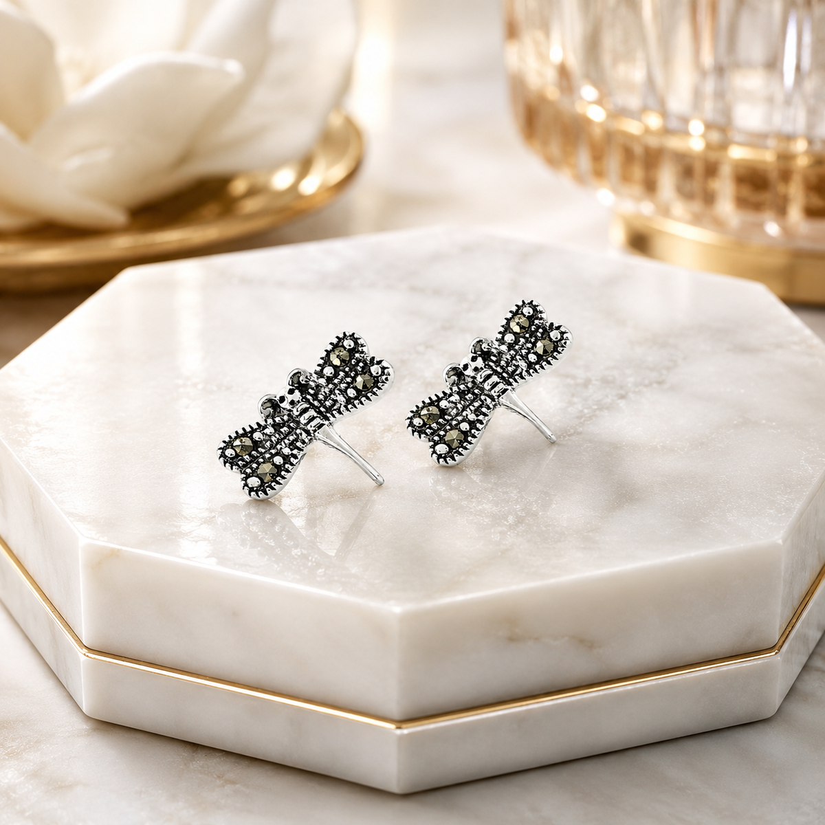 Imperial Marcasite Dragonfly Stud Earrings in 925 sterling silver – side view