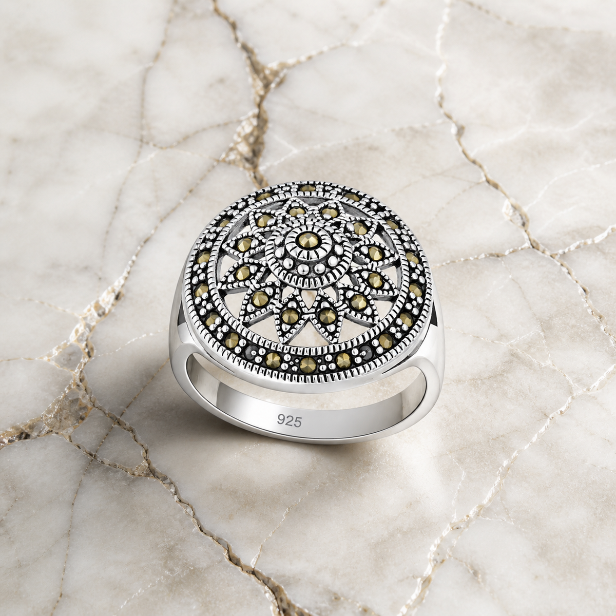 Marcasite Bohemian Cutout Ring in 925 sterling silver – side view