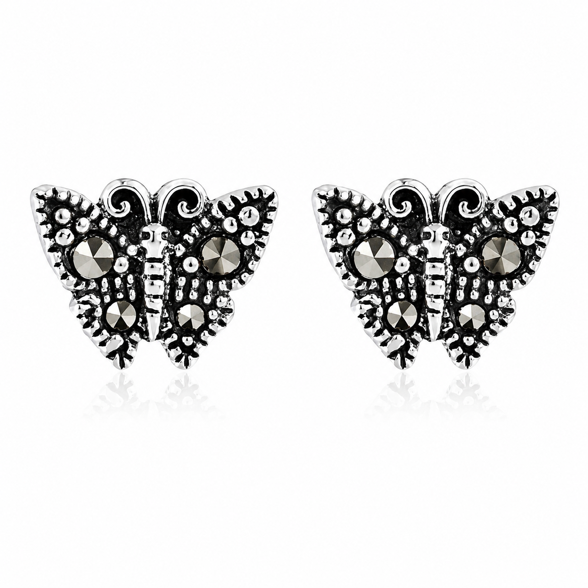 Midnight Monarch Marcasite Butterfly Stud Earrings in 925 sterling silver – main view