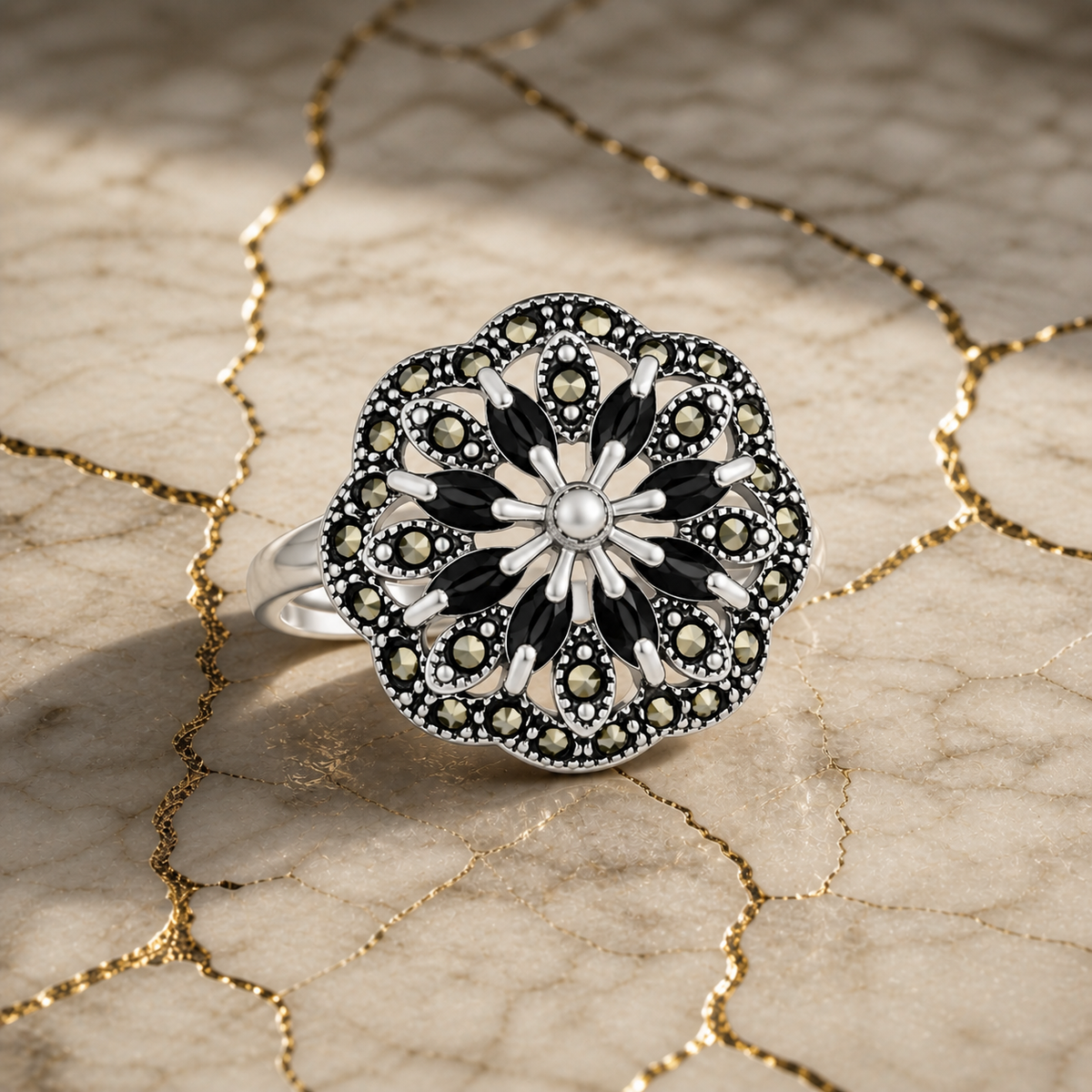 Celestia Floral Marcasite Ring in 925 sterling silver – side view