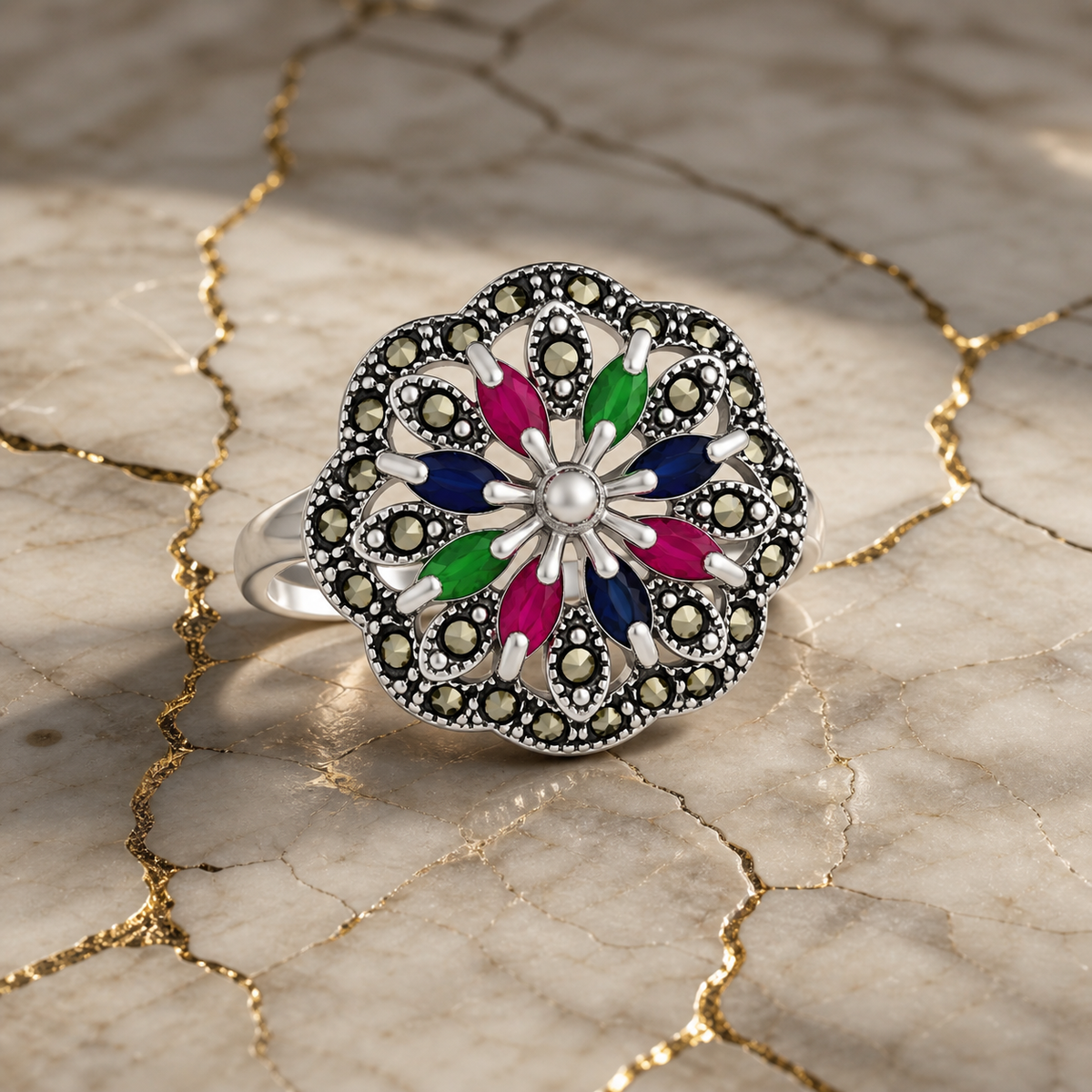 Celestia Floral Marcasite Ring in 925 sterling silver – size guide