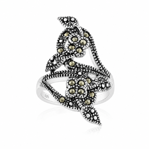 Marcasite Double Flower Vine Ring in 925 sterling silver – main view