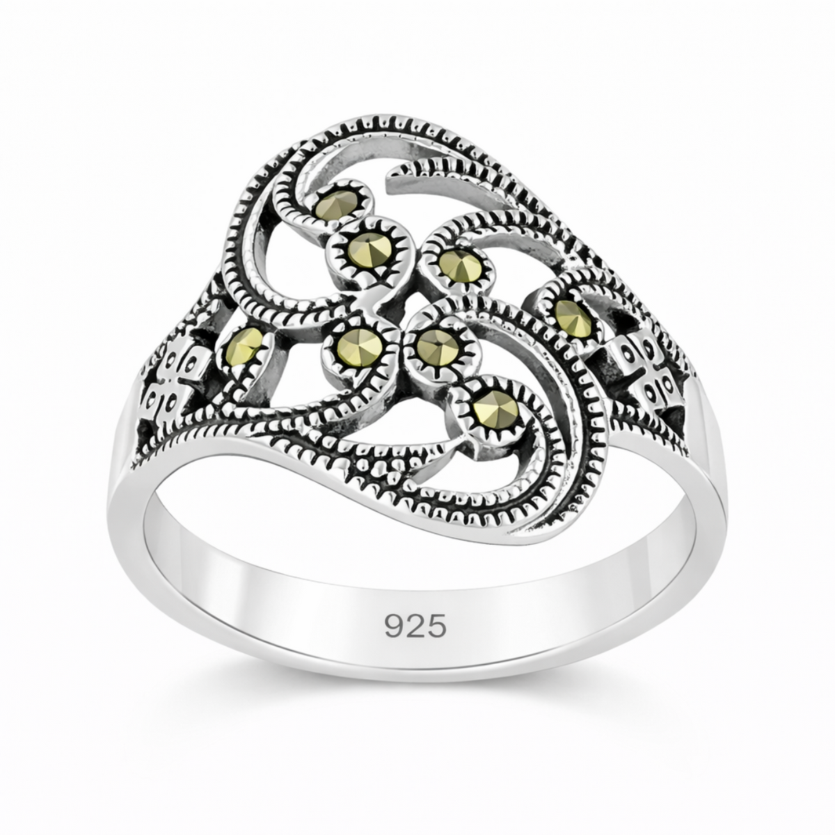 Marcasite Double Leaf Branch Ring in 925 sterling silver – main view
