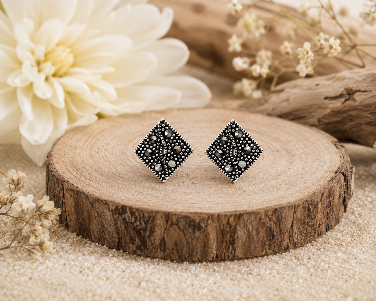 Noir Marcasite Geometric Stud Earrings in 925 sterling silver – side view