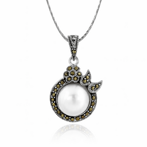 Marcasite Pearl Floral Pendant in 925 sterling silver – side view