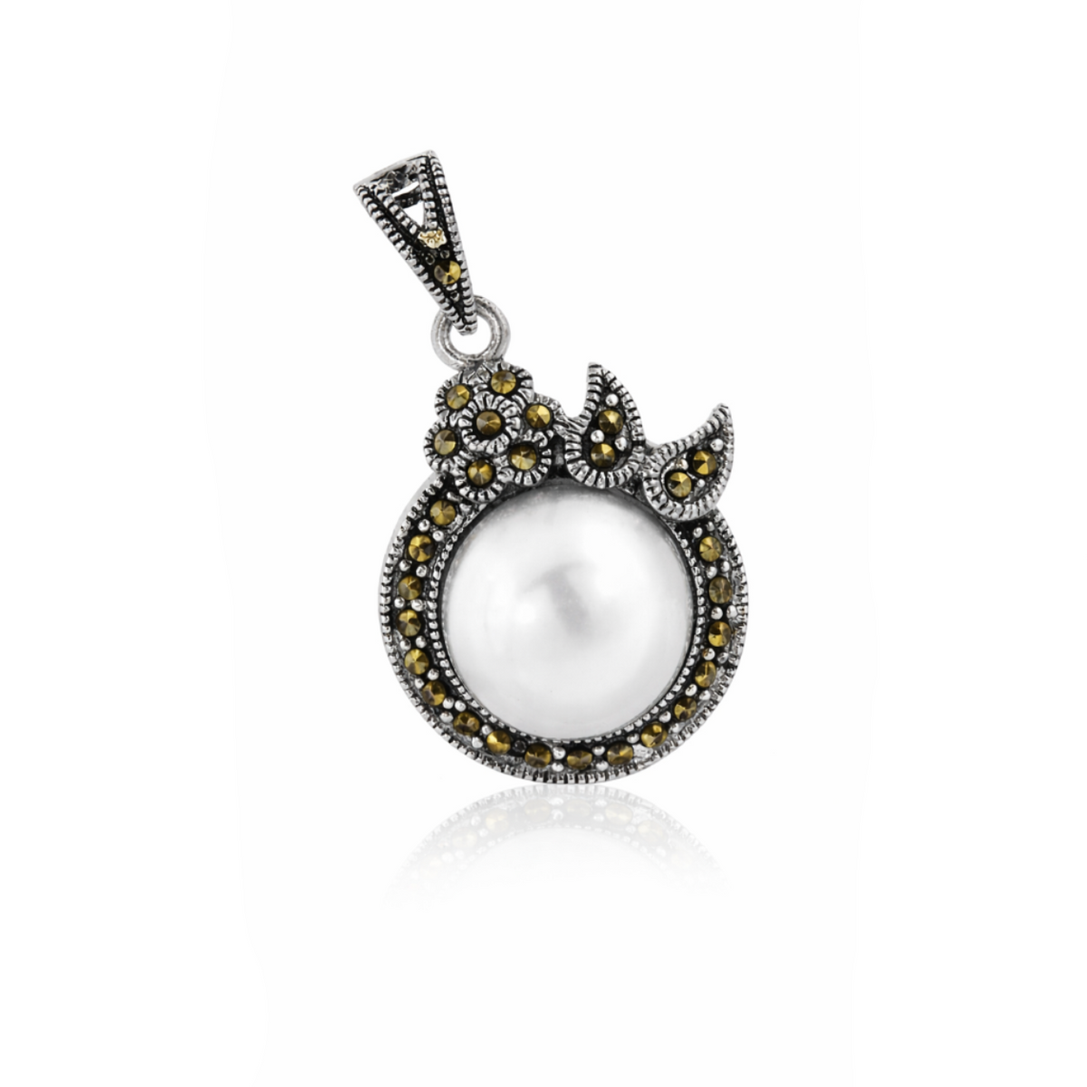 Marcasite Pearl Floral Pendant in 925 sterling silver – main view