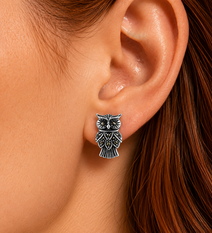 Royal Marcasite Owl Stud Earrings in 925 sterling silver – additional view