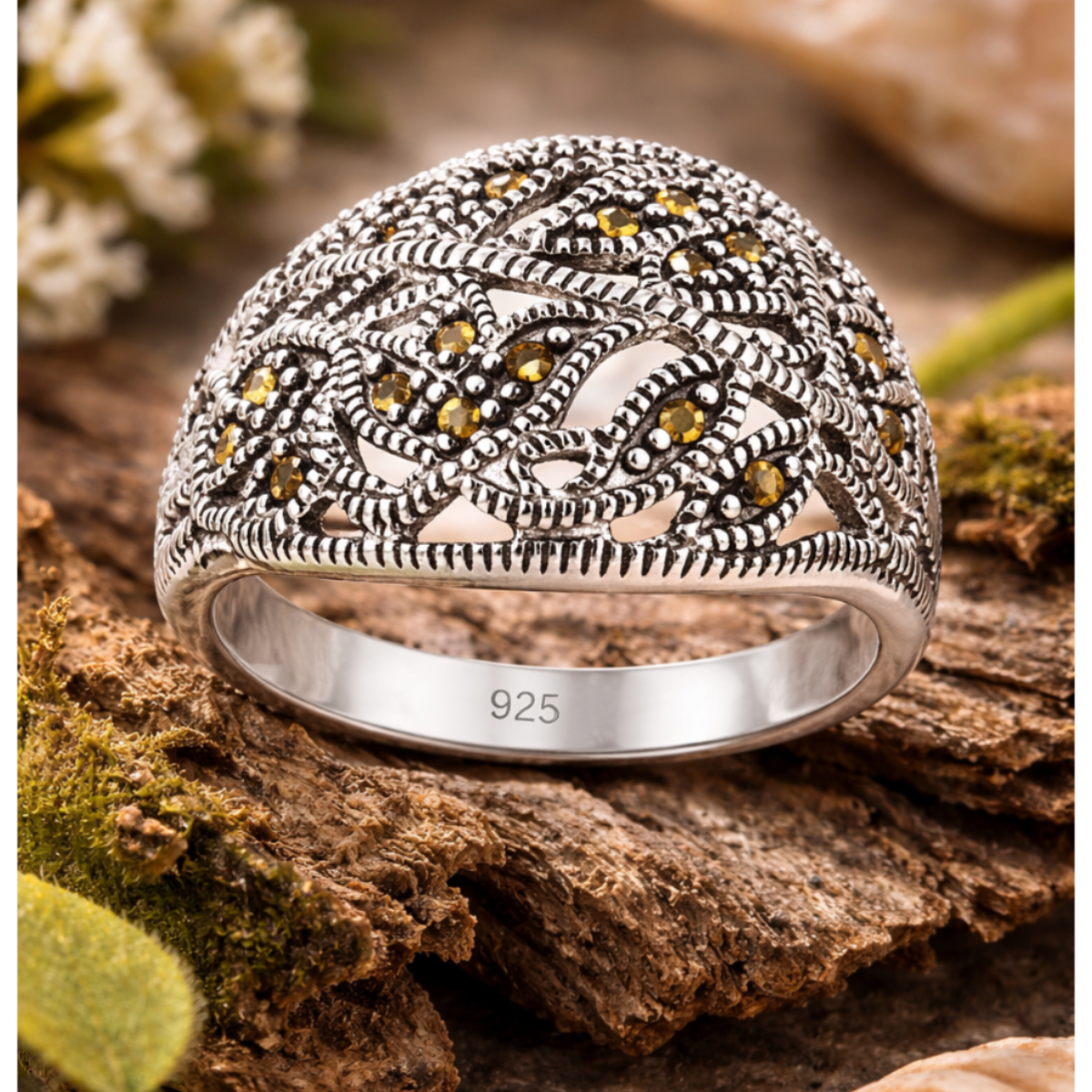 Marcasite Tulip Ring in 925 sterling silver – side view
