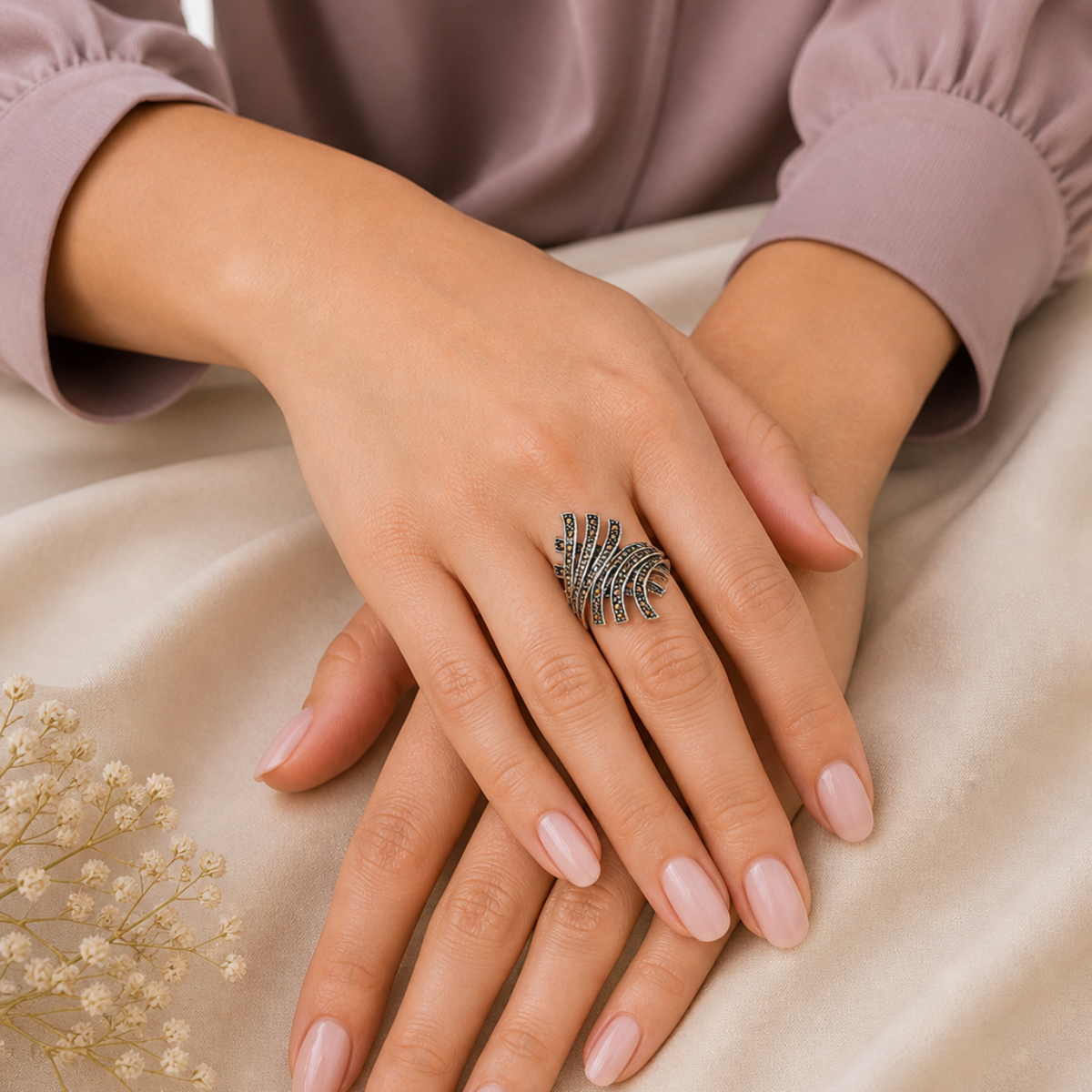 Marcasite Double Bypass Ring in 925 sterling silver – angle view