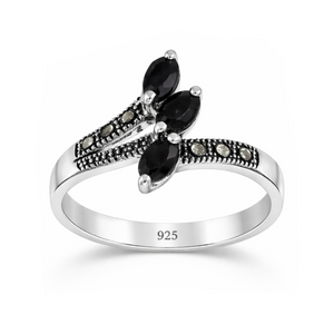 Marquise Ruby & Black Sapphire Leaf Ring in 925 sterling silver – main view