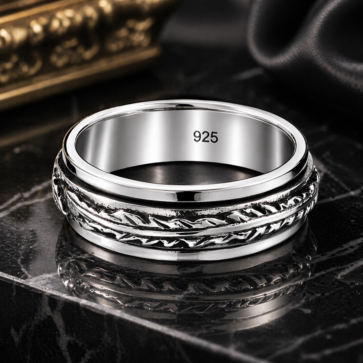 Eagle Feather Spinner Ring in 925 sterling silver – side view