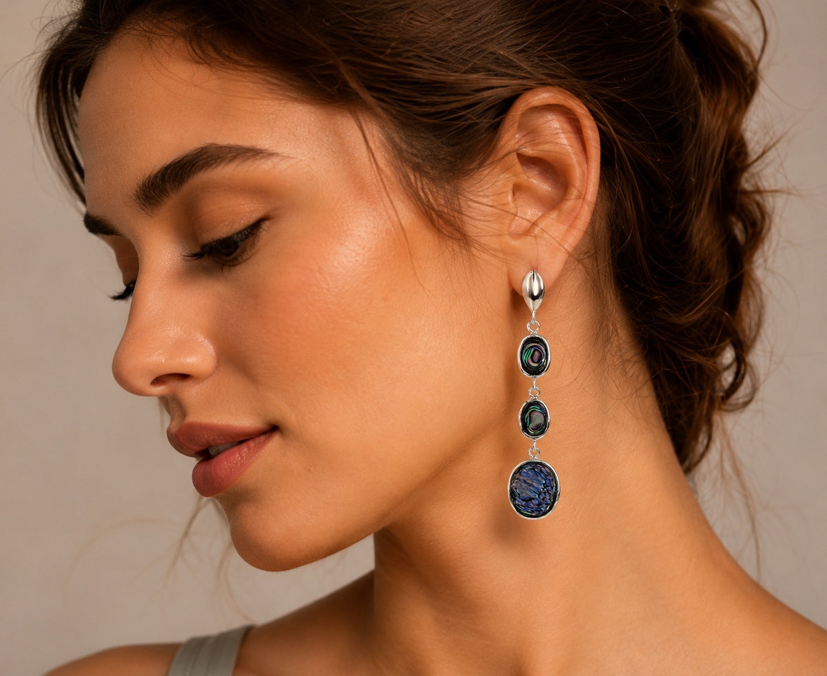Midnight Oval Cascade Abalone Earrings in 925 sterling silver – angle view