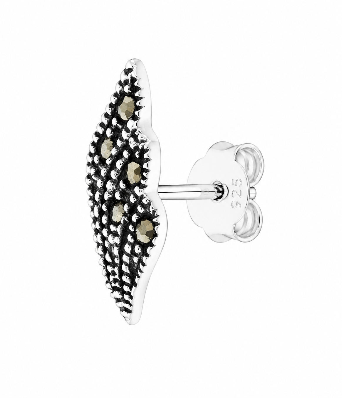 Midnight Teardrop Marcasite Stud Earrings in 925 sterling silver – side view