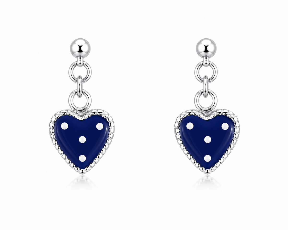 Polka Dot Heart Dangle Earrings in 925 sterling silver – angle view