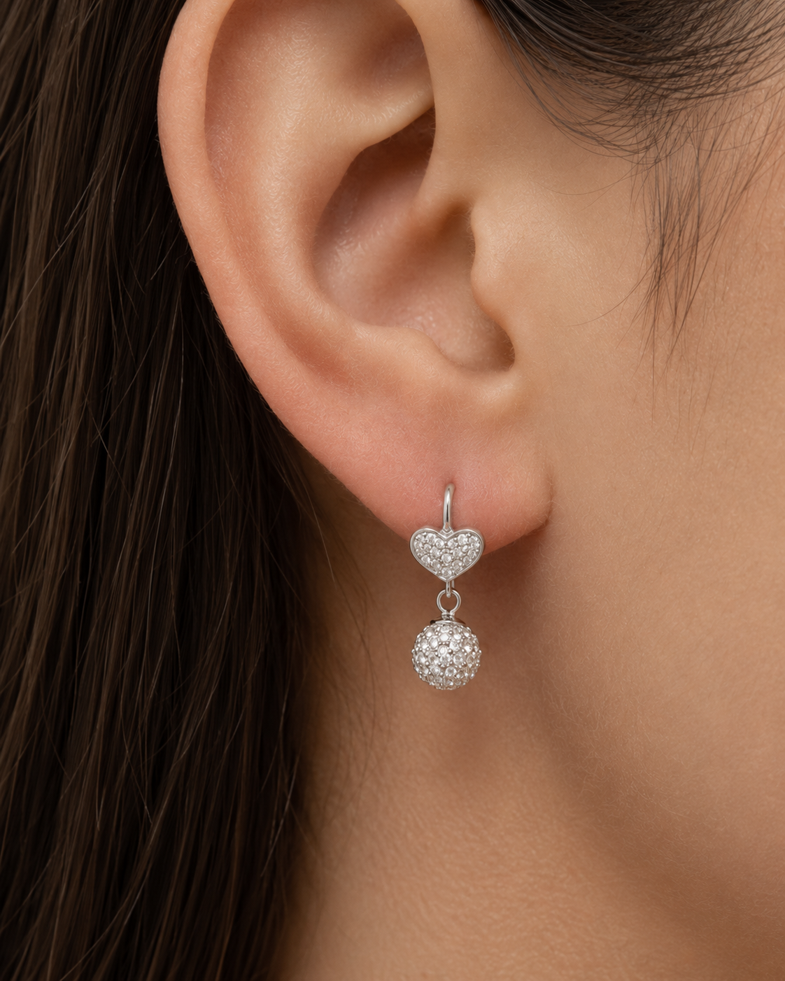 Radiant Heart & Crystal Sphere Earrings in 925 sterling silver – angle view