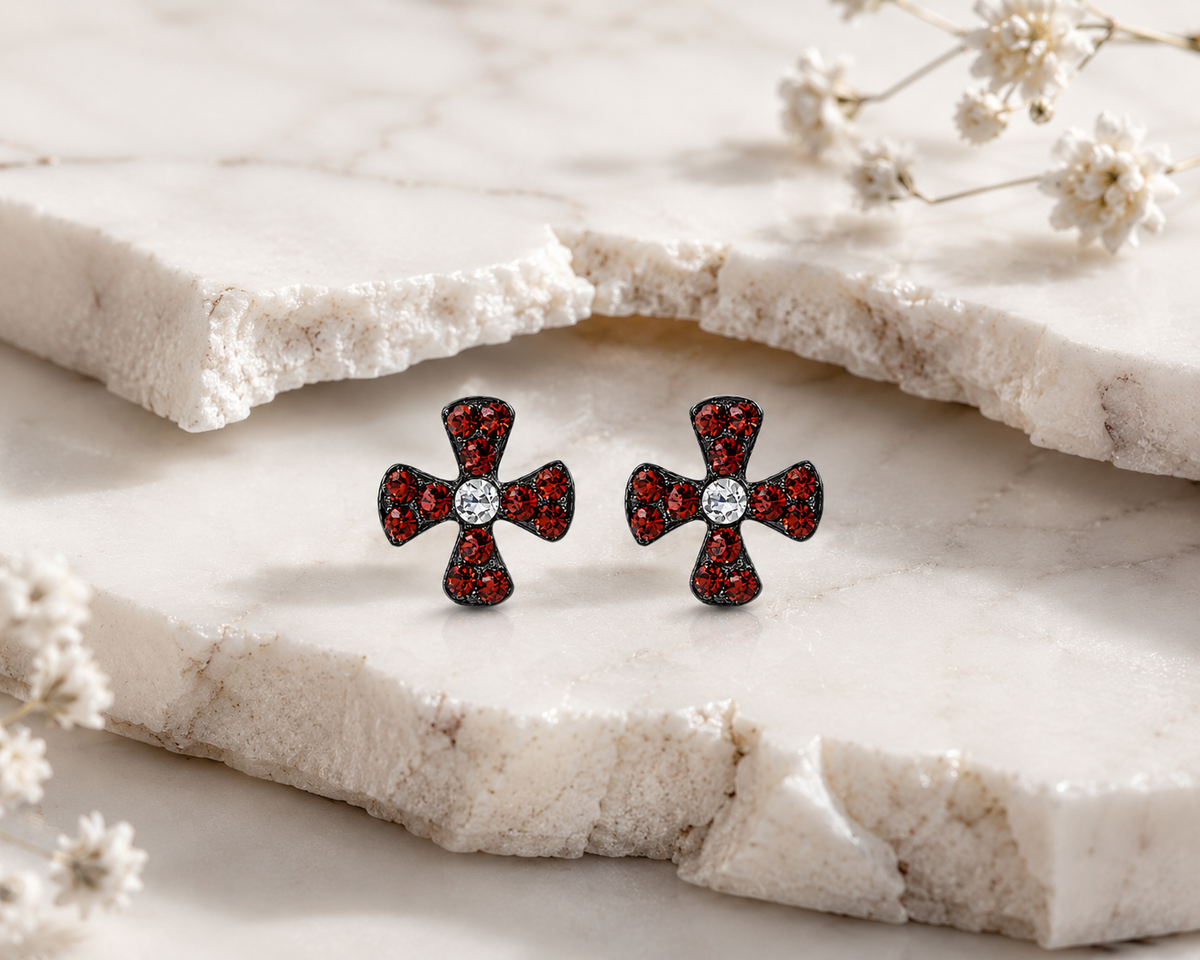 Rouge Croix Crystal Stud Earrings in 925 sterling silver – side view