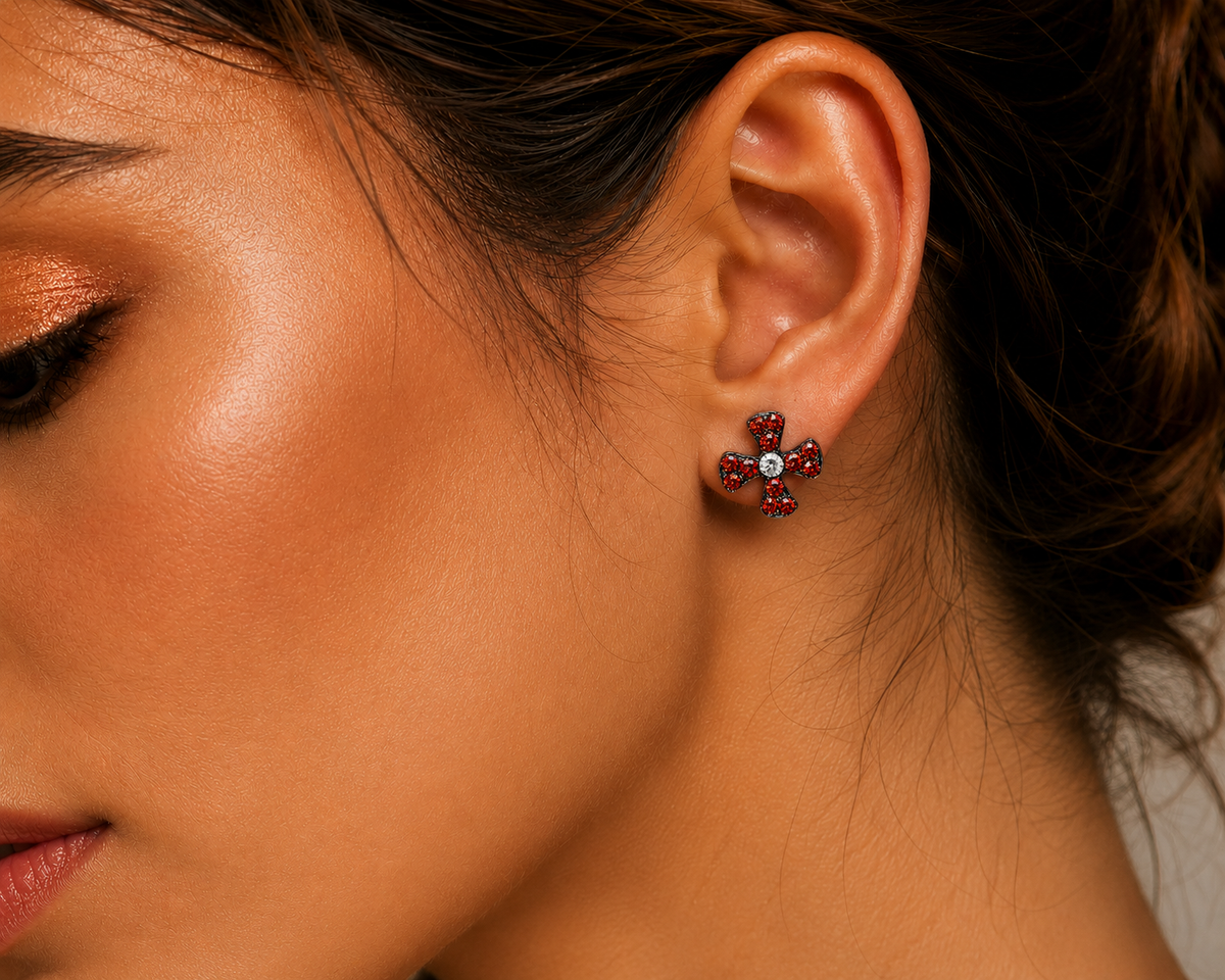 Rouge Croix Crystal Stud Earrings in 925 sterling silver – angle view