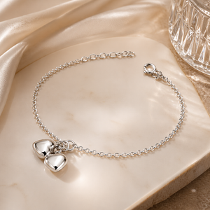 Double Heart Charm Bracelet in 925 sterling silver – side view