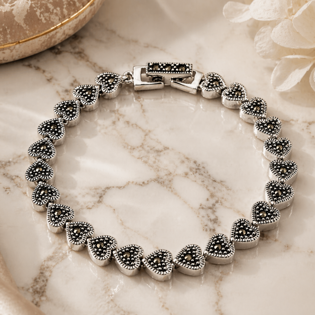 Marcasite Heart Link Bracelet in 925 sterling silver – side view