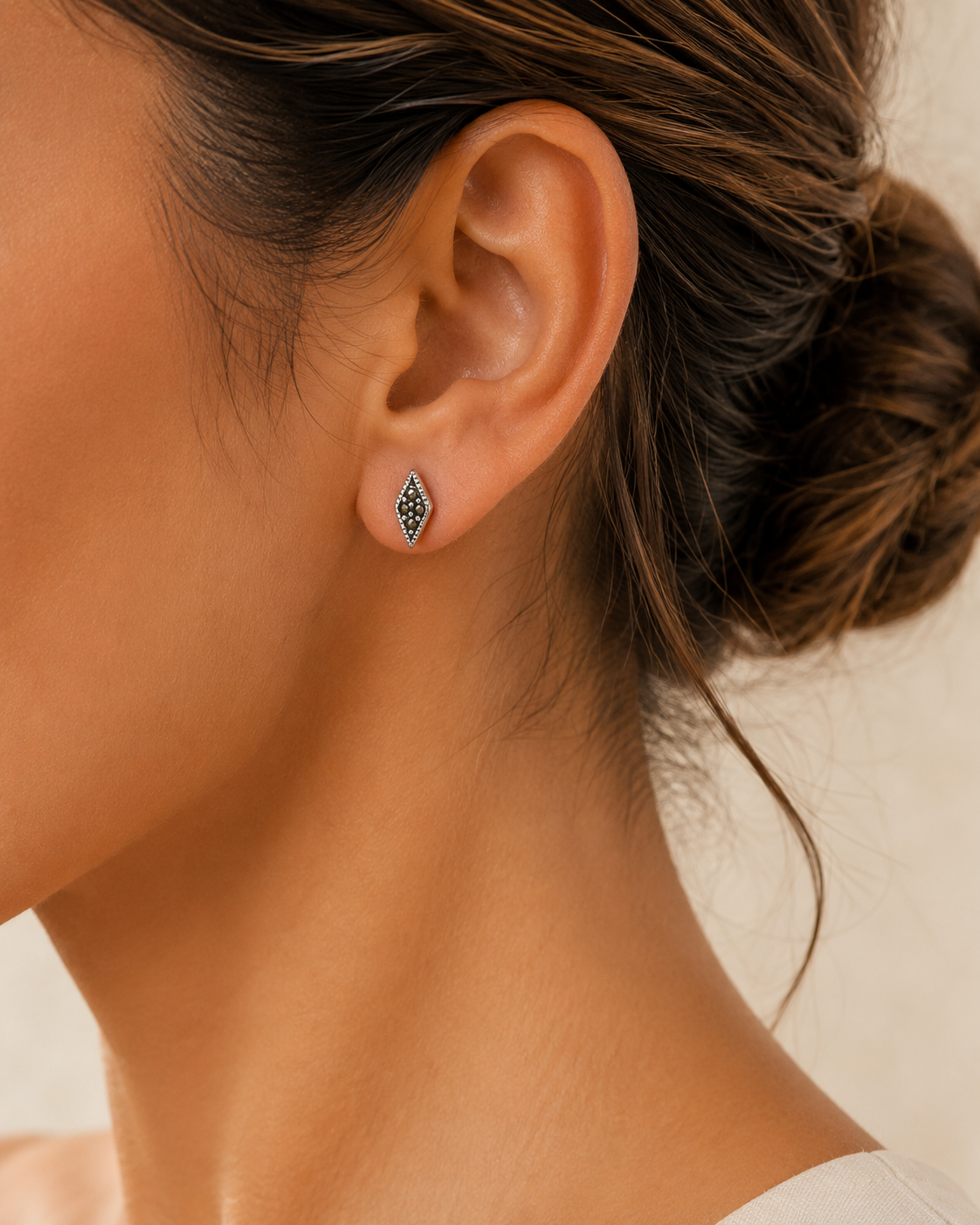 Celeste Marcasite Marquise Stud Earrings in 925 sterling silver – angle view