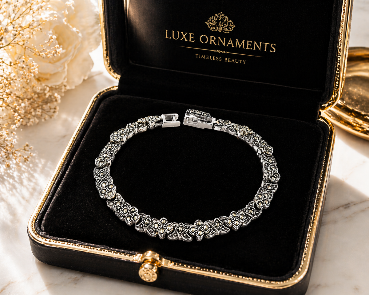 Marcasite Moon Flower Bracelet in 925 sterling silver – side view