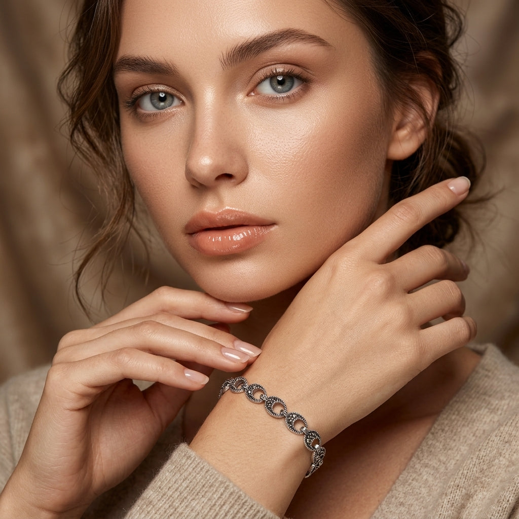 Marcasite Teardrop Cut-Out Bracelet in 925 sterling silver – angle view