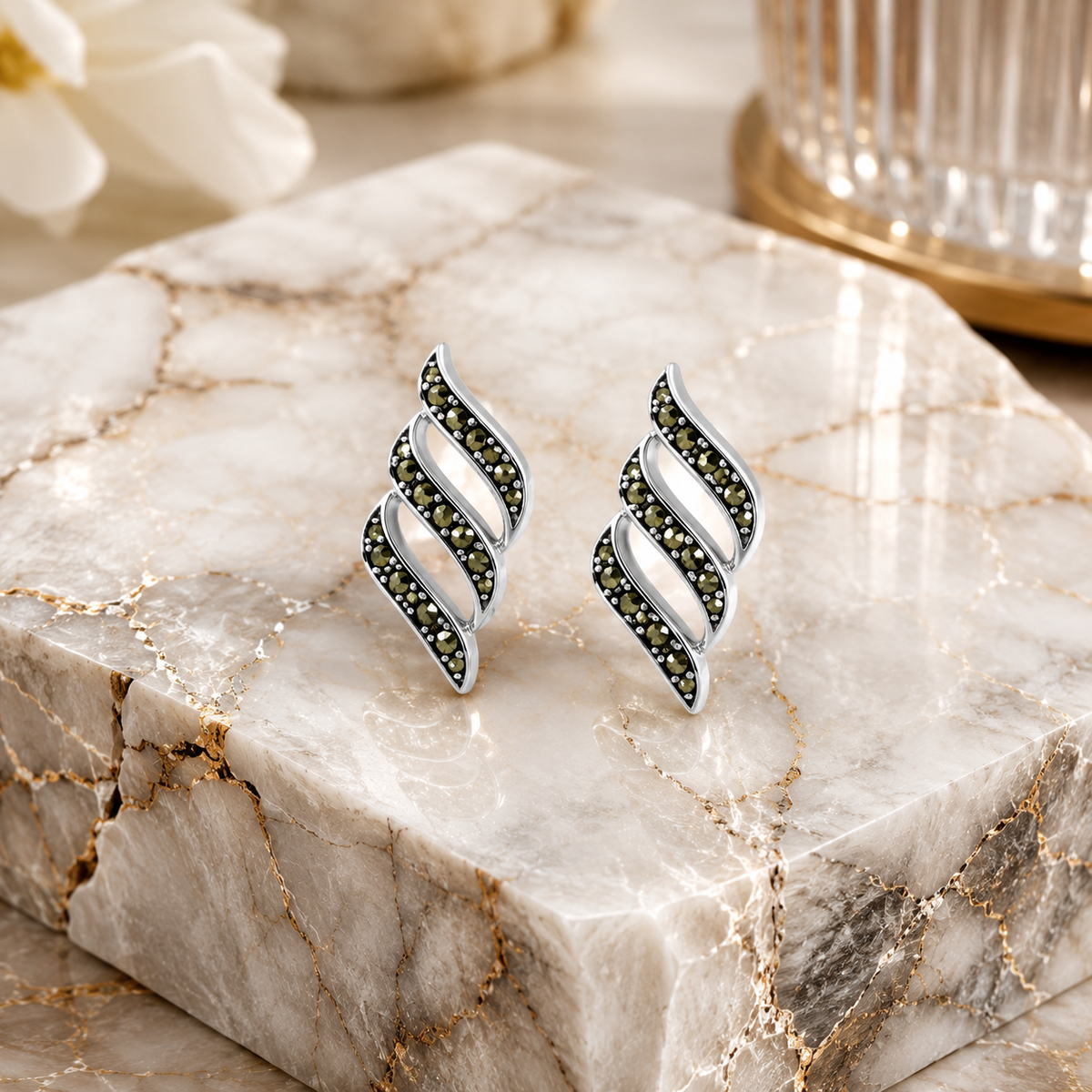 Twisted Marcasite Ribbon Stud Earrings in 925 sterling silver – side view
